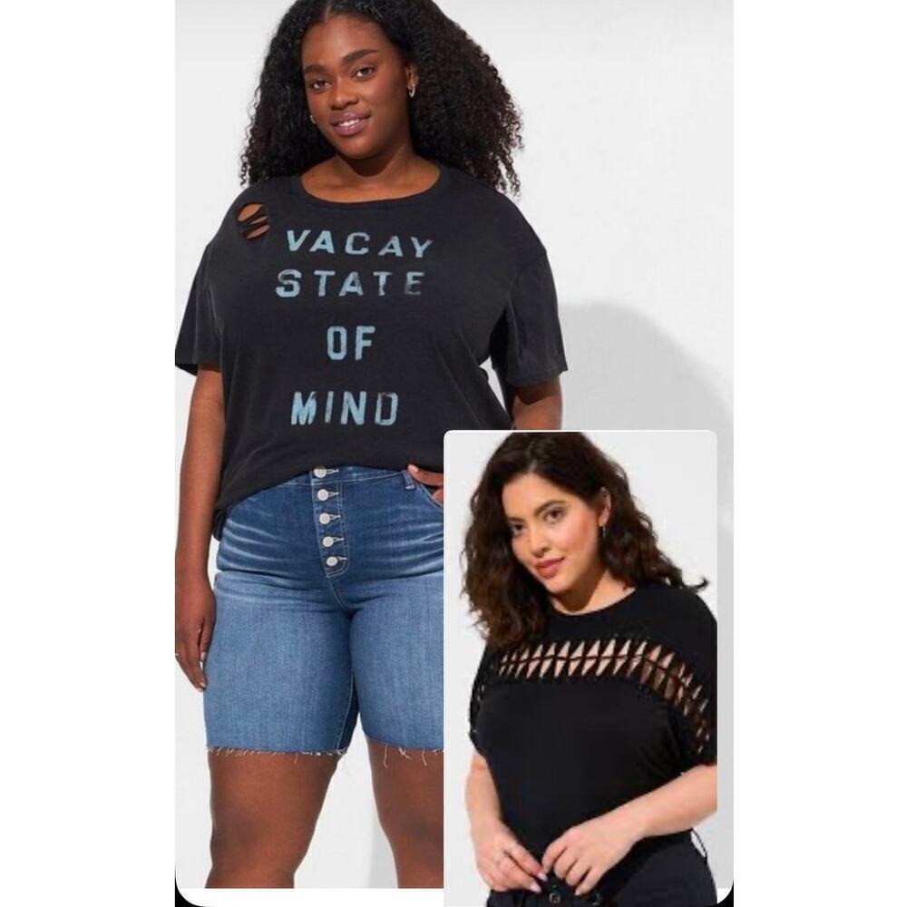 Torrid Relaxed Fit Vacay Distressed Tee & Crew Jersey Front Cut Out Shirt Bundle